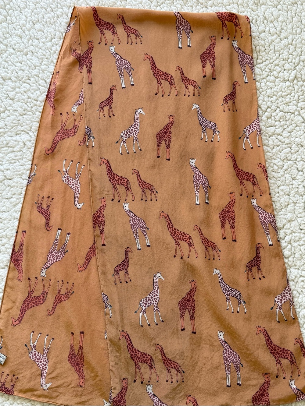 VTG Charlotte Sparre Denmark Scarf Silk Color: Antique Brass; Pattern: Giraffes